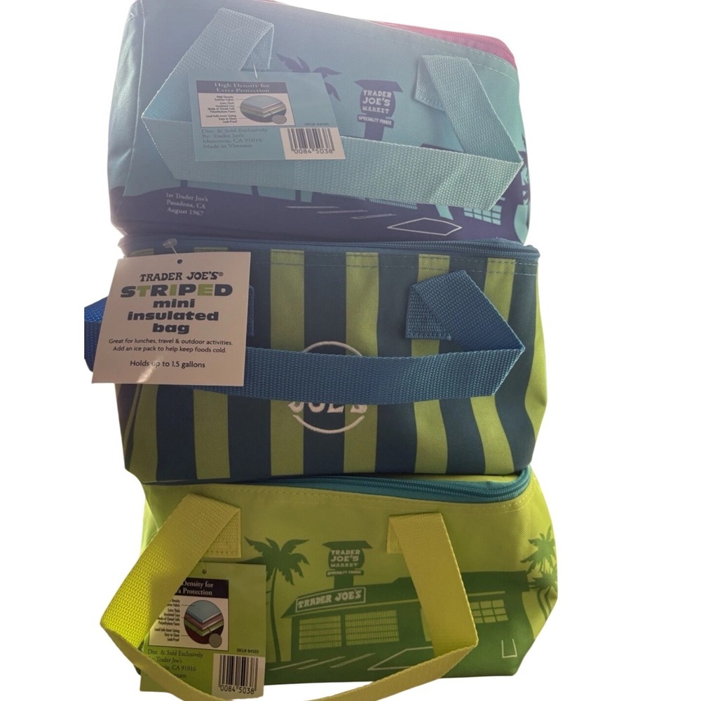 Trader Joe's Mini Insulated Bag Bundle Set of 3 Striped Tropical Teal Lime NEW